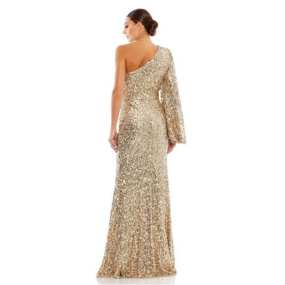 Mac Duggal 26717 Size 6 Gold Sequin Asymmetrical One Shoulder Maxi Dress Gown - Picture 7 of 7